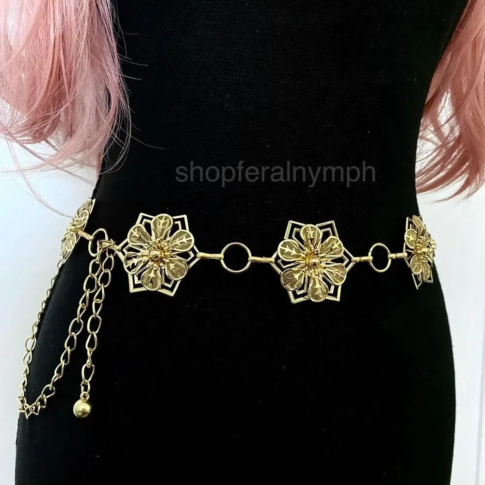 Gold Y2K Star Flower Open Ring Waist Chain Belt, Fits 23-41 Inches, X7GA1357